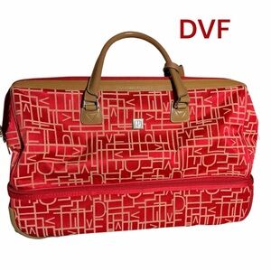Diane Von Furstenberg Red/Tan Weekender Canvas Wheeled Duffel Bag w/Leather Trim